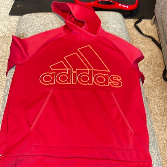 ADIDAS Red/Coral Athletic Hoodie Shirt SZ L Large Logo Spellout CLIMAWARM - Picture 2 of 11